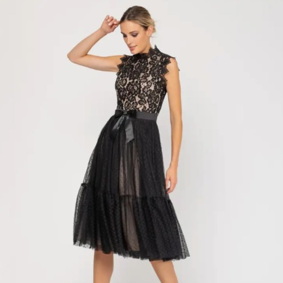 Midi Lace Dress With Polka Dot Tulle - Picture 3 of 4